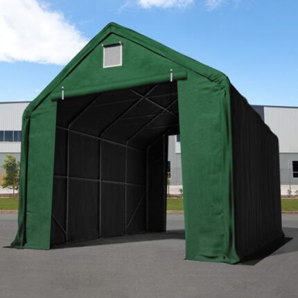 5x10 m hangar, porte 3x3,4 m, PRIMEtex 2300, anti-feu, vert foncé, avec statique (type de sol : béton)