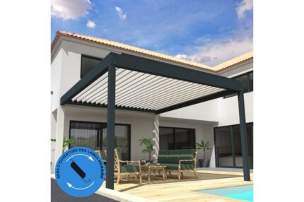 Pergola Bioclimatique COCOON XL perpendiculaire Horaire Mixte Gris anthracite / Blanc 6,015x3,00m Verin + LED