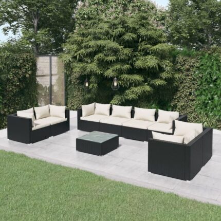 The Living Store - Salon de jardin 9 pcs avec coussins Résine tressée Noir