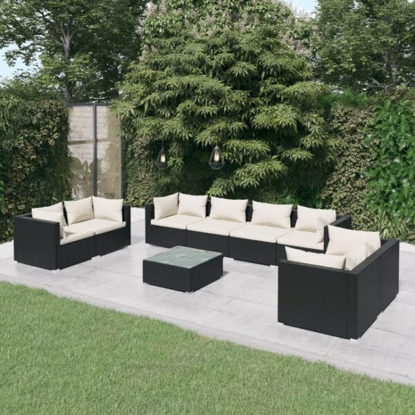 The Living Store - Salon de jardin 9 pcs avec coussins Résine tressée Noir