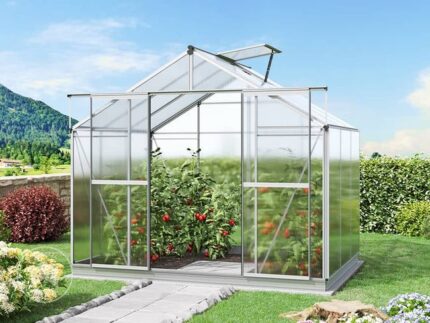 GFP Serre de jardin Orchidee 3 structure en aluminium 256 x 192 cm panneaux en polycarbonate - avec cadre de fondation et ouvre-fenêtre automatique