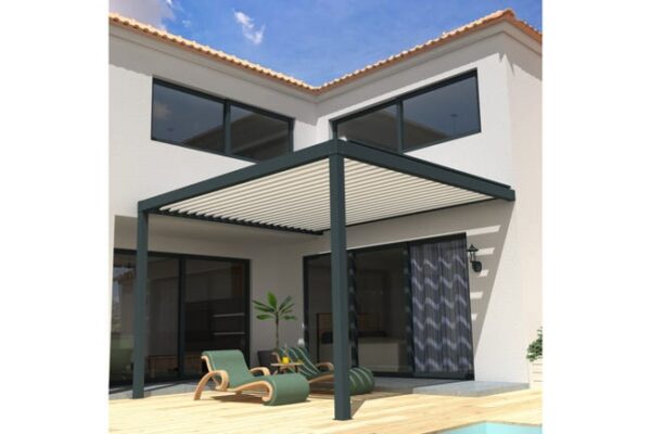 Pergola Bioclimatique STYLE Mixte Gris anthracite / Blanc 4,00x3,642m Motorisé à  télécommande + LED