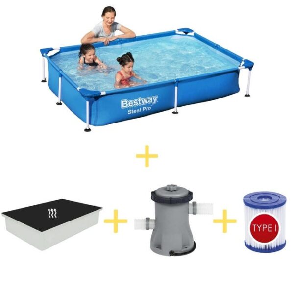 Bestway Piscine - Steel Pro - 221 x 150 x 43 cm - Avec Tapis Solaire, Pompe de filtrage & Filtre