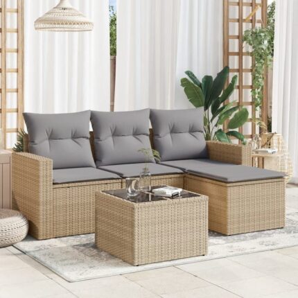 Salon de jardin avec coussins 5 pcs | Mobilier d'Extérieur | Ensemble de Table et chaises beige résine tressée CDS90883