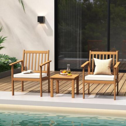 3Pcs Salon de Jardin 2 Personnes en Bois d'Acacia, Table et 2 Chaises Jardin avec Coussins, Ensemble de Mobilier de Salon de Bistrot 2 Places