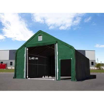 8x8 m hangar, porte 4x3,4 m, PRIMEtex 2300, anti-feu, vert foncé, avec statique (type de sol : béton)