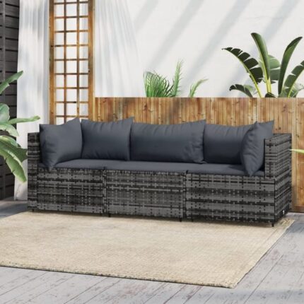 The Living Store - Salon de jardin 3 pcs avec coussins Gris Résine tressée