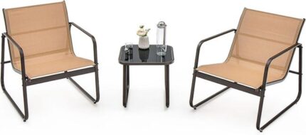 3Pcs Salon de Jardin 3 Personnes, Ensemble de 2 Chaises et de Table Basse en Verre Trempé, Salon de Bistrot avec Cadre Métallique