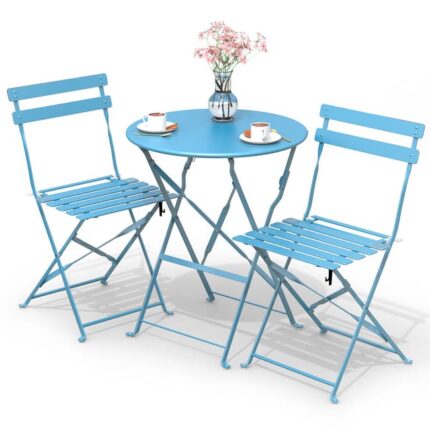 Ensemble bistro extérieur 1 table 2 chaises acier bleu