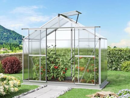 GFP Serre de jardin Orchidee 2 structure en aluminium 256 x 131 cm panneaux en polycarbonate - avec cadre de fondation et ouvre-fenêtre automatique