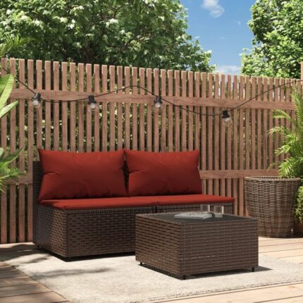 The Living Store - Salon de jardin 3 pcs avec coussins marron résine tressée