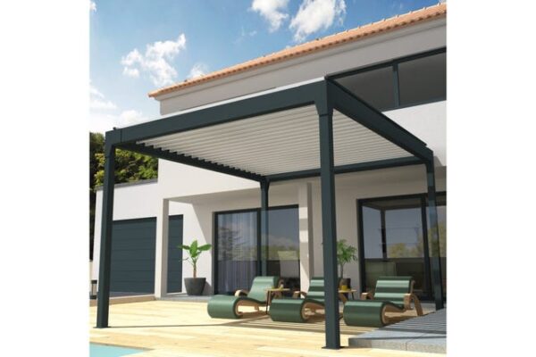 Pergola Bioclimatique COCOON îlot Mixte Gris anthracite / Blanc 4,00x4,063m Verin + LED