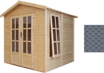 TIMBELA M351FB Cabane en bois avec plancher, avec bardeaux bitumineux couleur GRIS l233xP222xH233cm, Abri en bois de jardin multifonctionnel