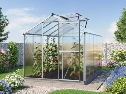 GFP Serre de jardin Jasmin 5 structure en aluminium 192 x 317 cm panneaux en polycarbonate - avec cadre de fondation et ouvre-fenêtre automatique