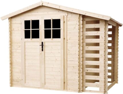 TIMBELA M386F+M386G Abri de jardin en bois et range bûches extérieur AVEC SOL TRAITÉ, Porte verrouillable de haute qualité, I206xL272xH218 cm