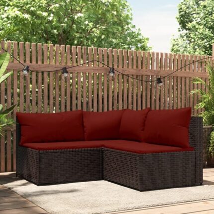 The Living Store - Salon de jardin 3 pcs avec coussins marron résine tressée