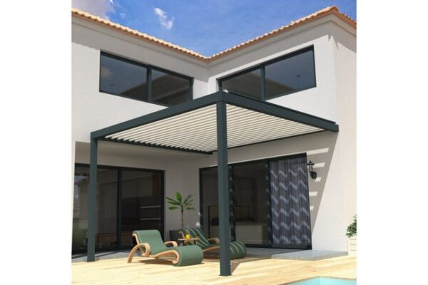 Pergola Bioclimatique STYLE Mixte Gris anthracite / Blanc 4,00x3,940m Motorisé à  télécommande + LED