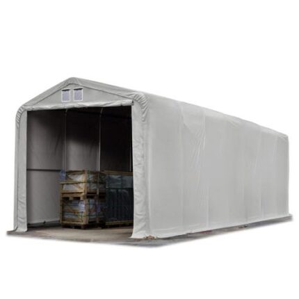 4x16 m hangar, porte 3,5x3,5 m, toile PVC de 850, gris, avec statique (type de sol : béton)