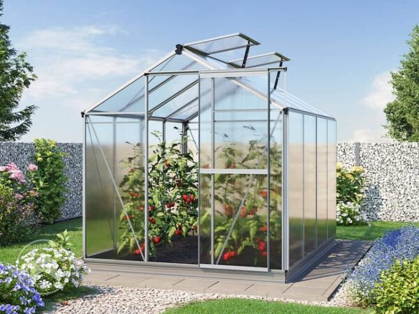 GFP Serre de jardin Jasmin 4 structure en aluminium 192 x 256 cm panneaux en polycarbonate - avec cadre de fondation et ouvre-fenêtre automatique