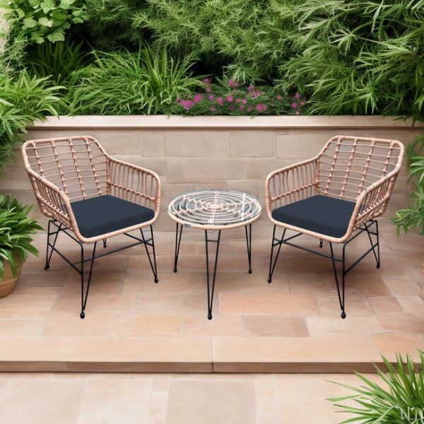 Salon de jardin 2 places en résine tressée coussin noir