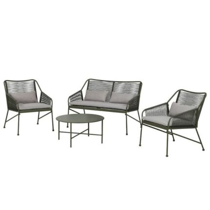 Salon de jardin ANA 4 places en acier KAKI coussins gris clair