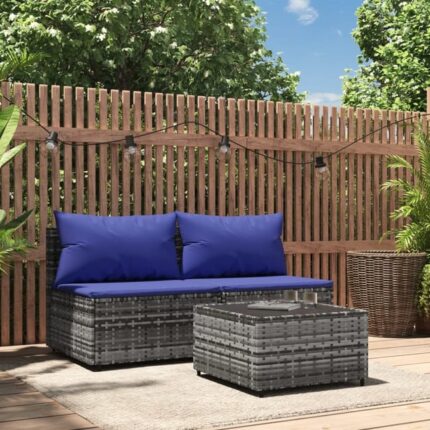 The Living Store - Salon de jardin 3 pcs avec coussins Gris Résine tressée