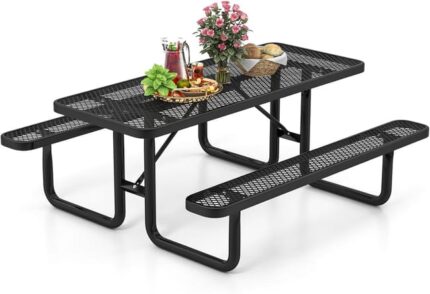 COSTWAY Ensemble Table et Bancs de Pique-Nique pour 8 Personnes,Charge 450KG, Table de Camping 184 x 171 x 75 cm, Noir
