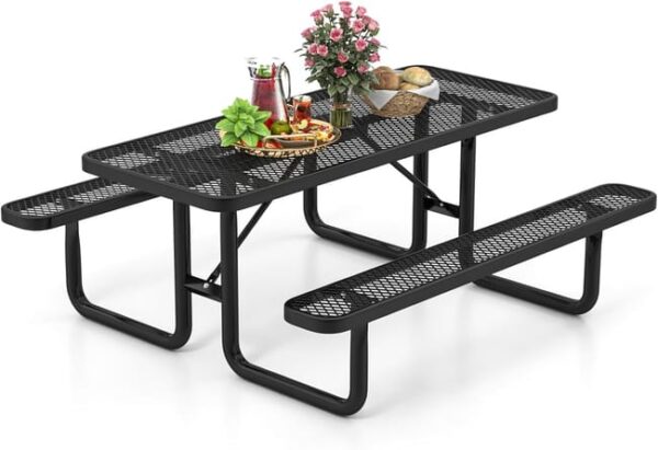 COSTWAY Ensemble Table et Bancs de Pique-Nique pour 8 Personnes,Charge 450KG, Table de Camping 184 x 171 x 75 cm, Noir