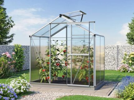 GFP Serre de jardin Jasmin 2 structure en aluminium 192 x 131 cm panneaux en polycarbonate - avec cadre de fondation et ouvre-fenêtre automatique