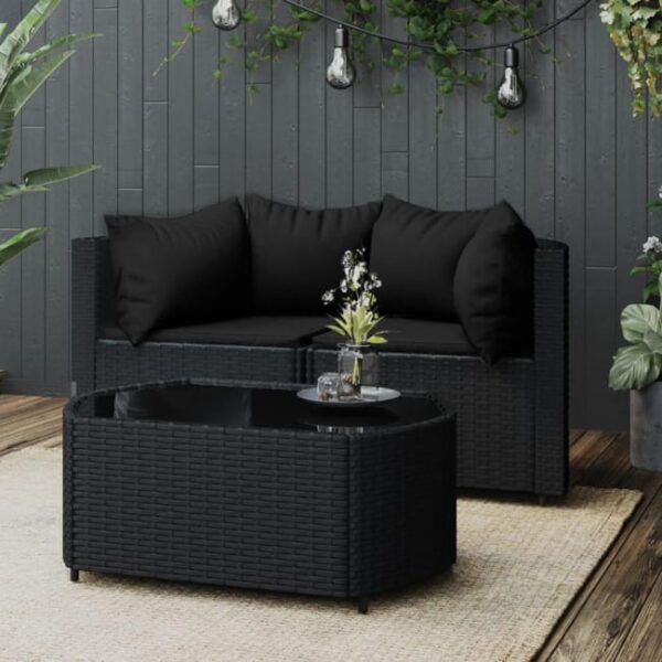 The Living Store - Salon de jardin 3 pcs avec coussins Noir Résine tressée
