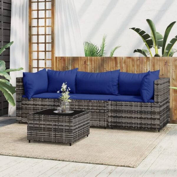 The Living Store - Salon de jardin 4 pcs avec coussins Gris Résine tressée