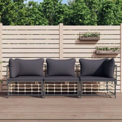 The Living Store - Salon de jardin 3 pcs avec coussins anthracite résine tressée