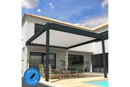 Pergola Bioclimatique COCOON XL perpendiculaire antihoraire Mixte Gris anthracite / Blanc 4,965x4,50m Verin + LED