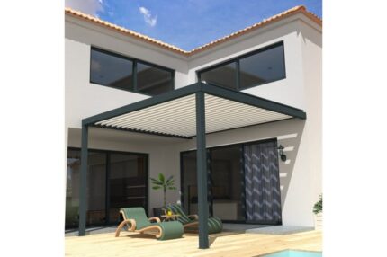 Pergola Bioclimatique STYLE Mixte Gris anthracite / Blanc 4,00x3,046m Motorisé à  télécommande + LED