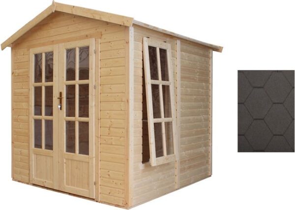 TIMBELA M351FB Cabane en bois avec plancher, avec bardeaux bitumineux couleur NOIR l233xP222xH233cm, Abri en bois de jardin multifonctionnel