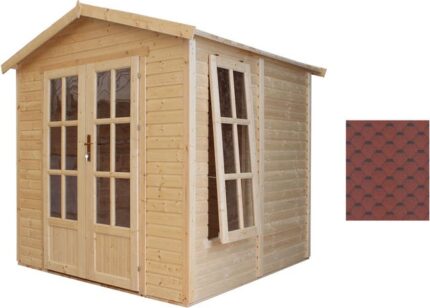 TIMBELA M351FB Cabane en bois avec plancher, avec bardeaux bitumineux couleur ROUGE l233xP222xH233cm, Abri en bois de jardin multifonctionnel