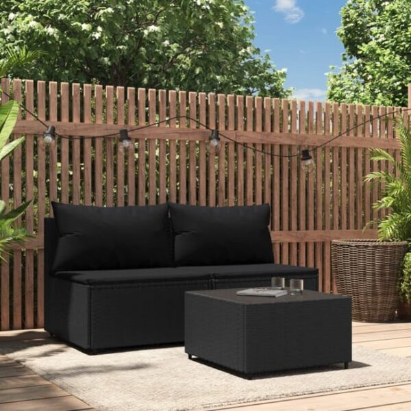 The Living Store - Salon de jardin 3 pcs avec coussins Noir Résine tressée