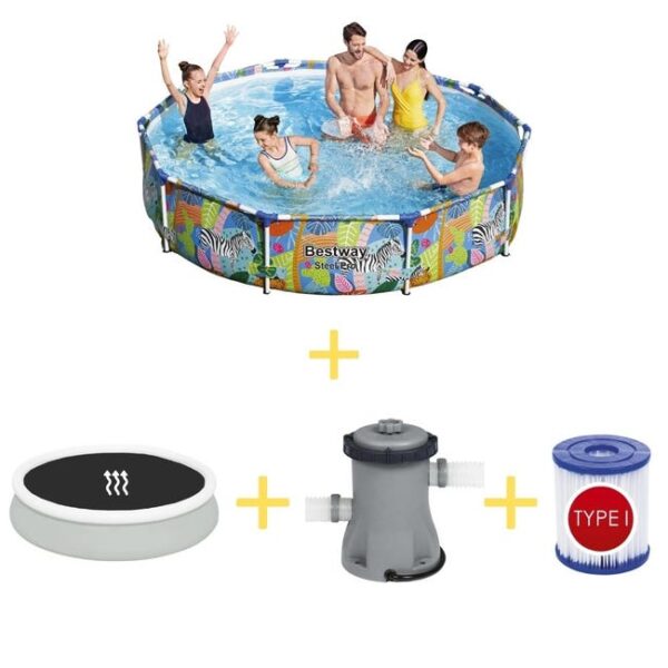 Bestway Piscine - Steel Pro - Animaux - 305 x 66 cm - Avec Tapis Solaire, Pompe de filtrage & Filtre