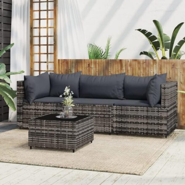 The Living Store - Salon de jardin 4 pcs avec coussins Gris Résine tressée