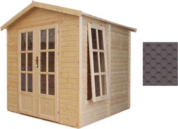 TIMBELA M351FB Cabane en bois avec plancher, avec bardeaux bitumineux couleur MARRON l233xP222xH233cm, Abri en bois de jardin multifonctionnel