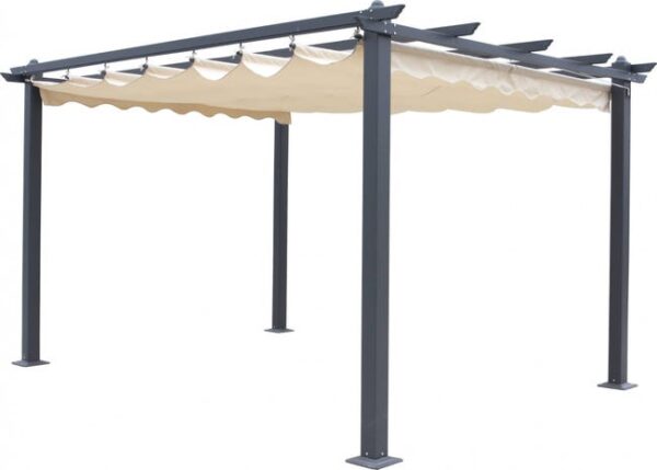 Pergola de jardin avec toit ouvrant, structure couleur anthracite et toile couleur écru, 300 x 400 cm
