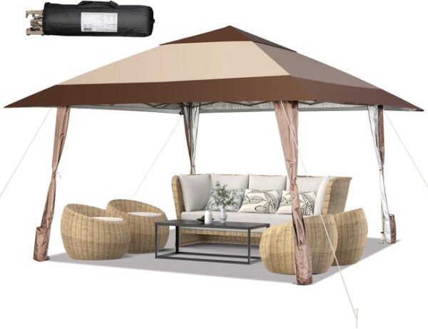 Tonnelle Pliante de Double Toit3,9x3,9M, Gazebo Barnum Pliable Hauteur Réglable 2,65/2,75/2,85M , Idéal pour Festival, Fête, Plage, Marron
