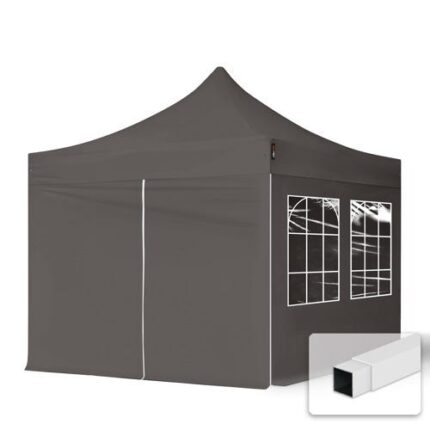 3x3 m Tonnelle Barnum Tente pliante Acier, PES 700, 4 côtés avec fenêtres, gris foncé