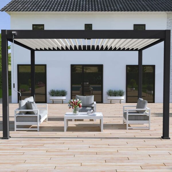 Pergola bioclimatique Ombréa autoportante VS - 3x4M Noir + 1 store 4M blanc-
