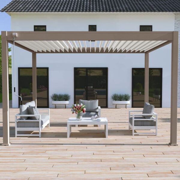 Pergola bioclimatique Ombréa autoportante VS - 3x4M Taupe + 1 store 4M blanc-