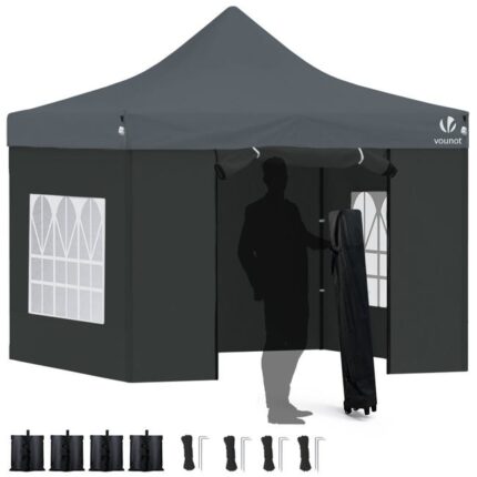 Tonnelle de jardin renforcée 3x3m pliable avec 4 parois et sac de transport a roulette gris