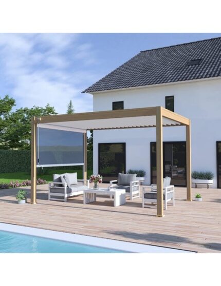 Pergola bioclimatique VS Ombréa autoportante 3x4M - Woodlook bois naturel + 1 store 4M blanc-