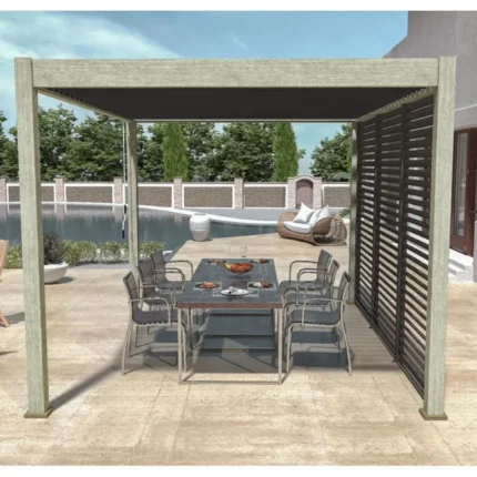 Pergola bioclimatique Ombréa 3x4M autoportée Woodlook/Anthracite + 1 panneau brise vue 1M Anthracite VS-