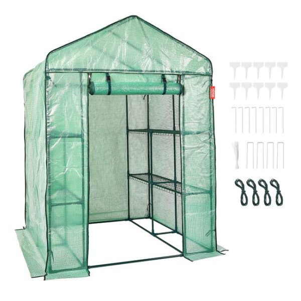 VEVOR Serre de Jardin 141x141x200 cm Tente Abri de Plantes avec Étagères Charge 15 kg Bâche PE avec Porte et Fenêtres et Cadre en Acier Montage Facile