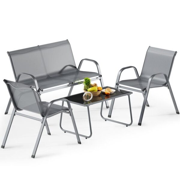 Wiltec Ensemble de meubles de jardin 4 pièces gris clair, Table avec dessus en verre, kit lounge avec Banc 2 places 2 Chaises 120 kg par pièce, Ter...